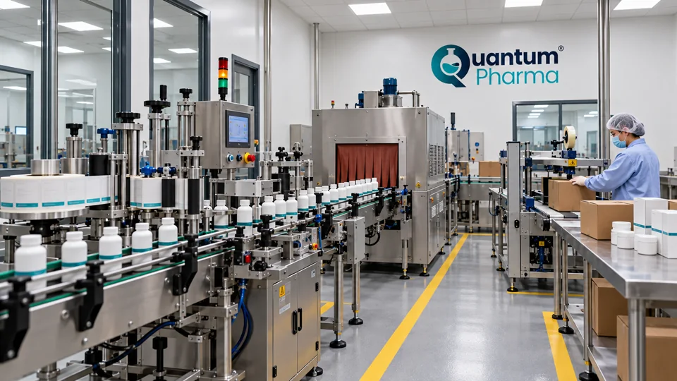 Quantum Pharma-branded bottle labelling and packaging line