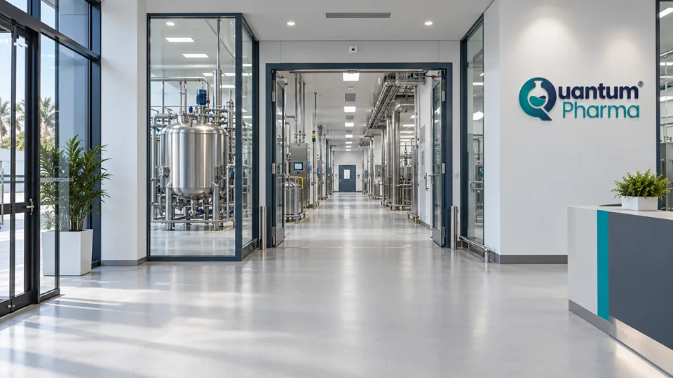 Quantum Pharma-branded entrance with production equipment beyond the glass doors